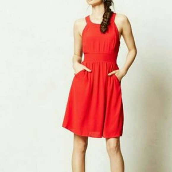 Anthropologie Dresses & Skirts - HD In Paris Anthropologie Ennis Red Smocked Waist A-Line Halter Dress Size 10